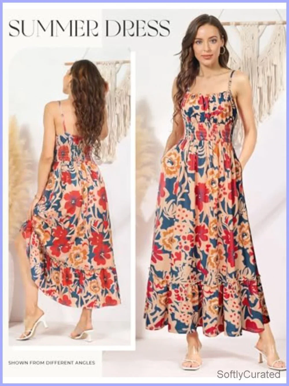 Boho Maxi Sundress with Pockets, Smocked Waist, Spaghetti Strap, Sleeveless,